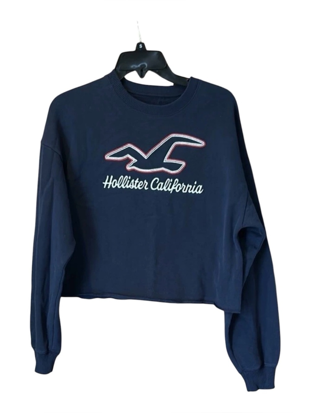 HOLLISTER Women’s Cropped Crewneck Sweatshirt Navy Blue Seagull Logo Size Small